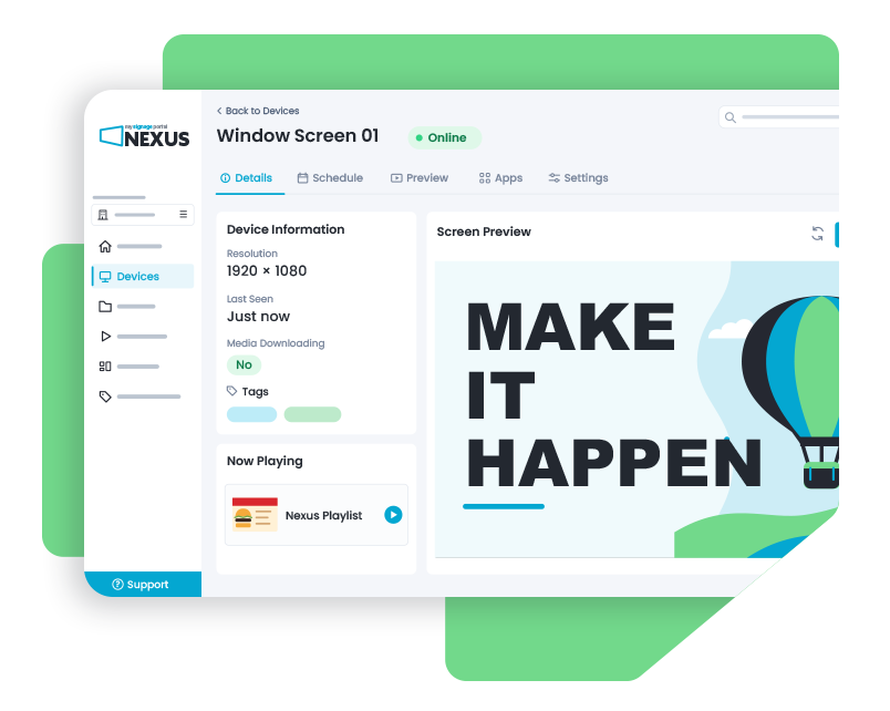 Nexus device management showing online status, device information and a preview of the screen content